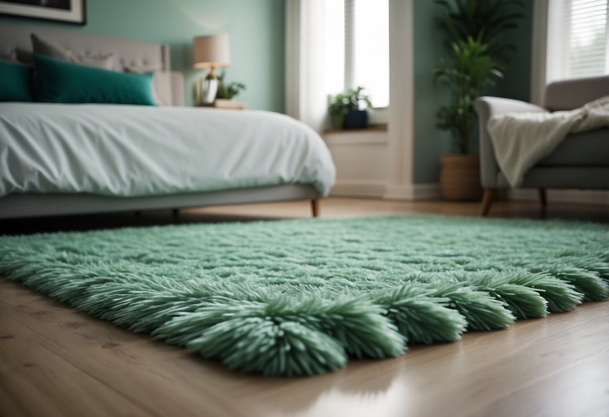 A mint green area rug lies on the floor of a serene bedroom, complementing the green decor theme