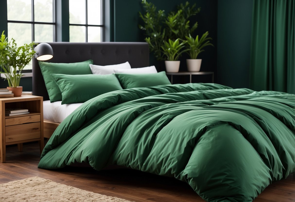 A forest green duvet cover is spread neatly over a bed, surrounded by matching green bedroom decor ideas