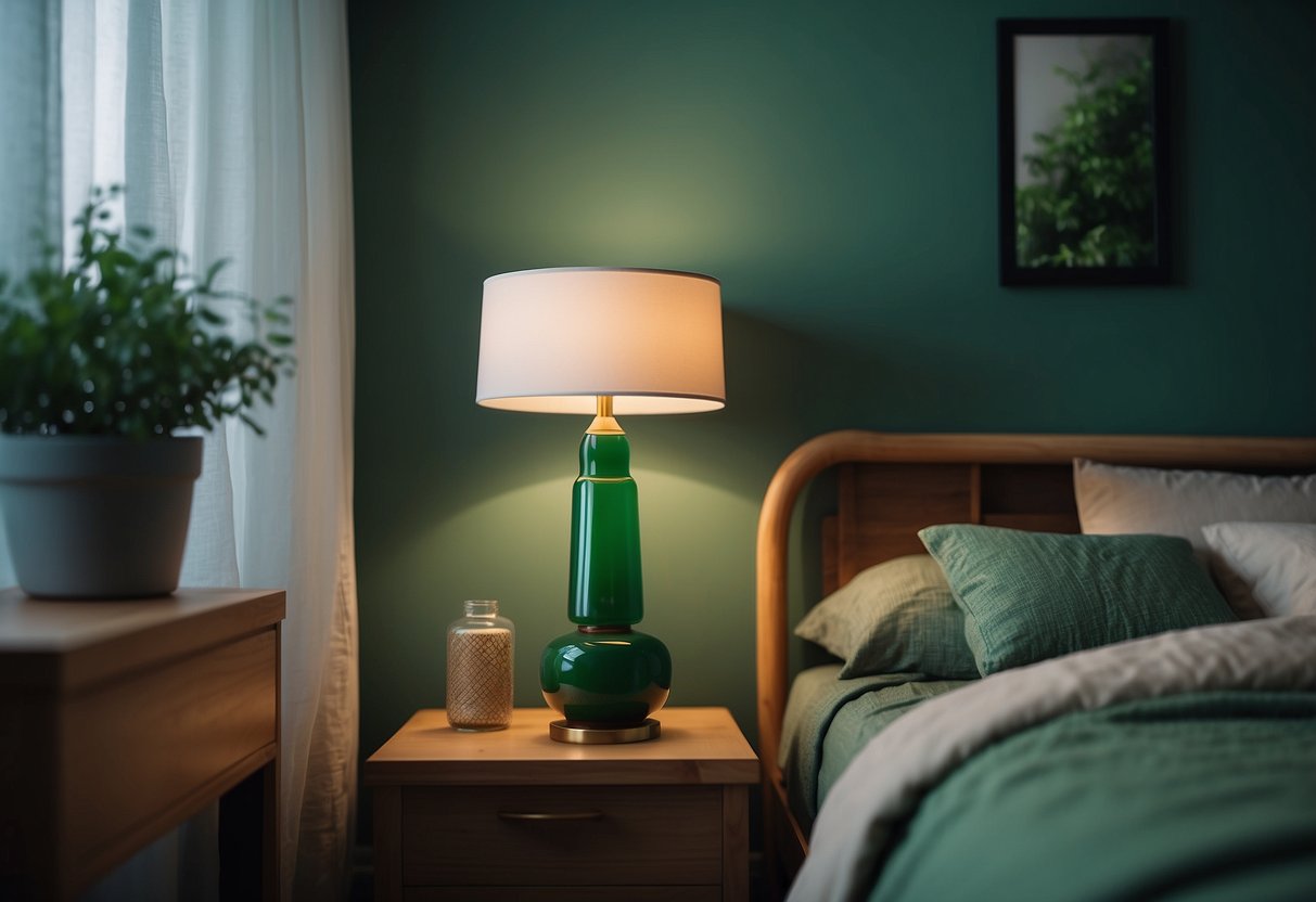 A jade green lamp illuminates a cozy bedroom with matching green decor, creating a serene and tranquil atmosphere