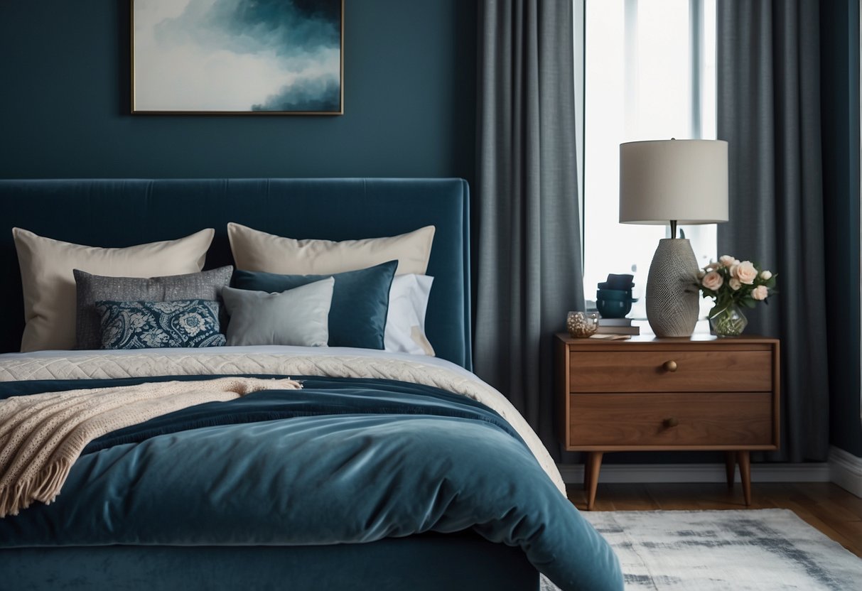 A cozy blue bedroom with a plush rug, matching curtains, and accent pillows. A sleek nightstand with a modern lamp completes the decor