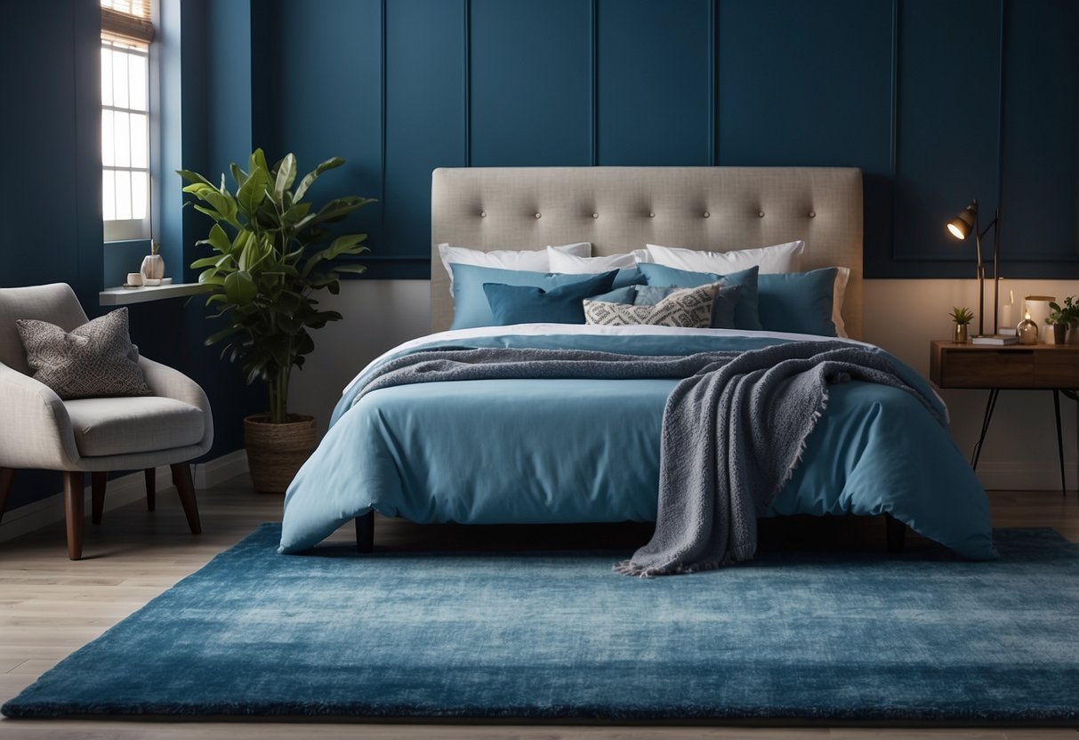 A cerulean area rug sits in the center of a cozy blue bedroom, complementing the decor with its soothing color