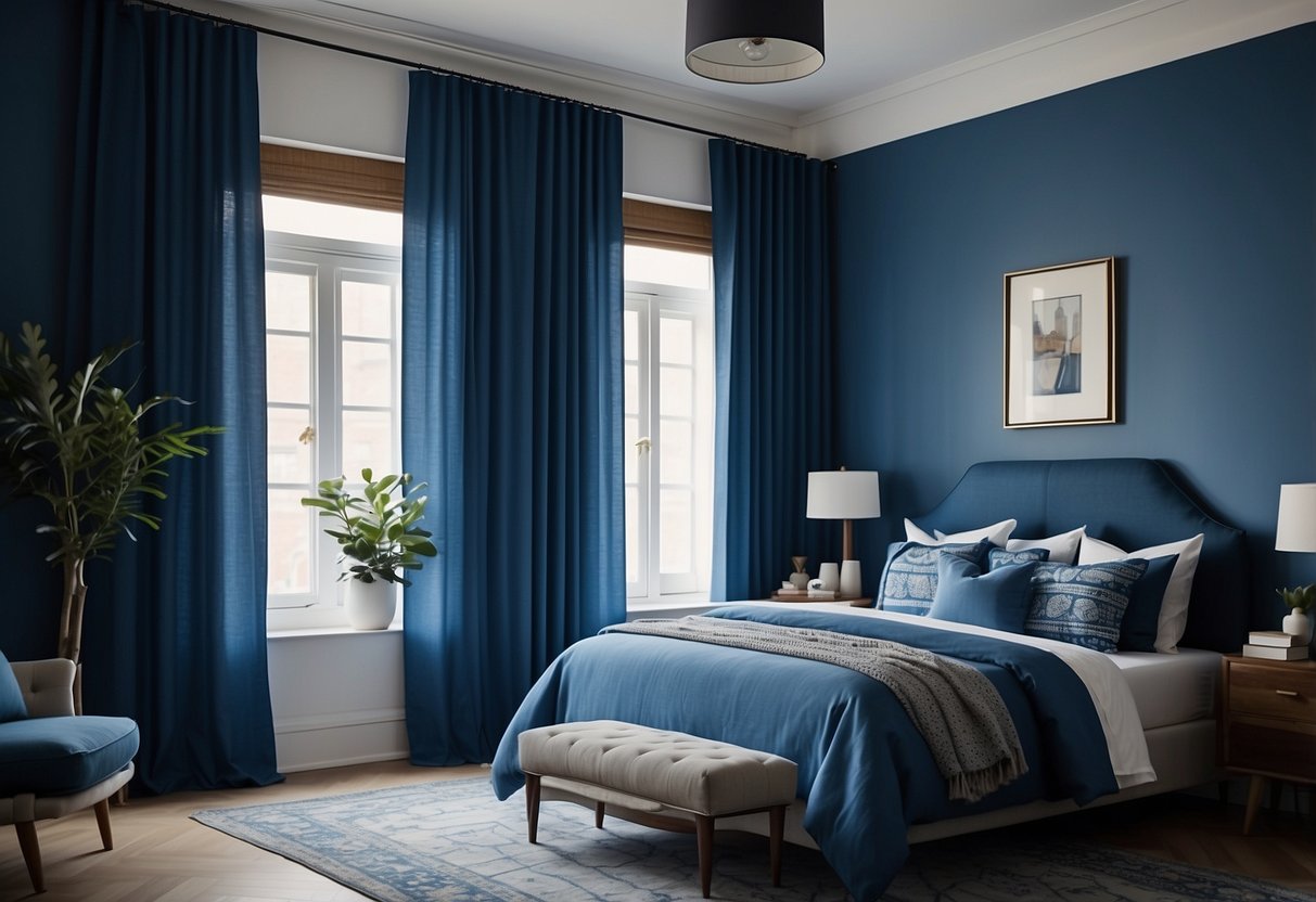 Blue geometric curtains hang in a bright bedroom, complementing the blue decor