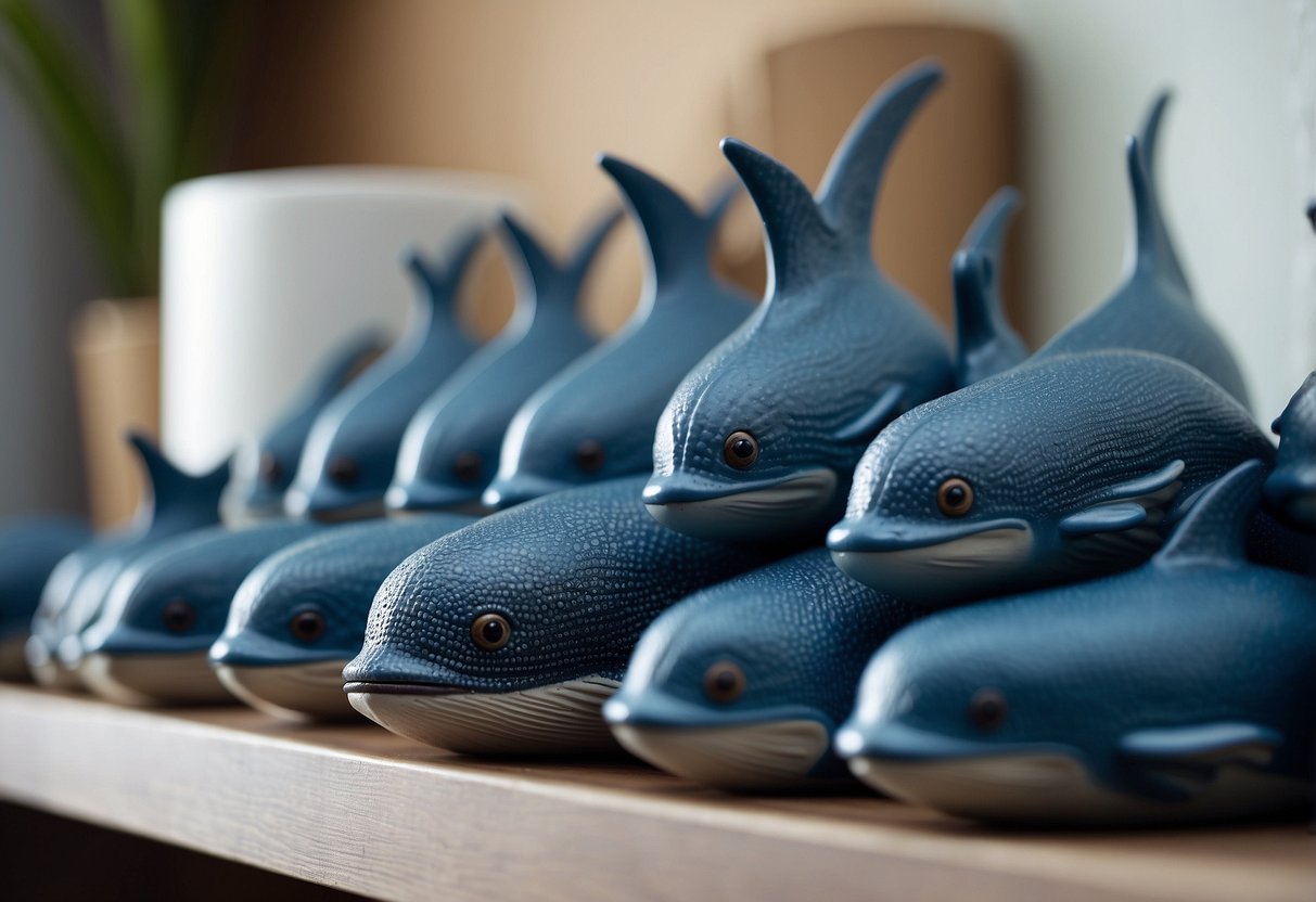 A collection of blue whale figurines arranged on a shelf, surrounded by matching blue decor in a bedroom setting