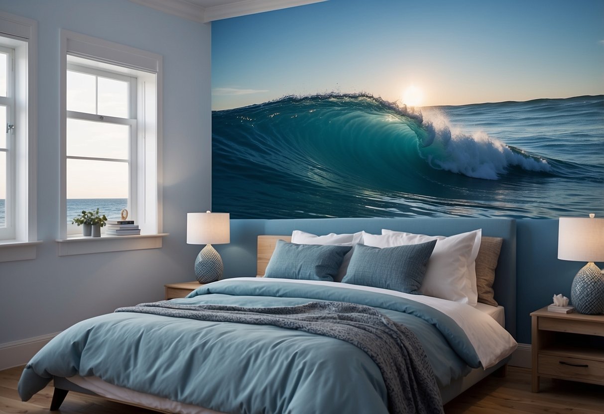 A serene bedroom with ocean-themed wallpaper, featuring tranquil waves and marine life. Blue decor accents complement the calming atmosphere