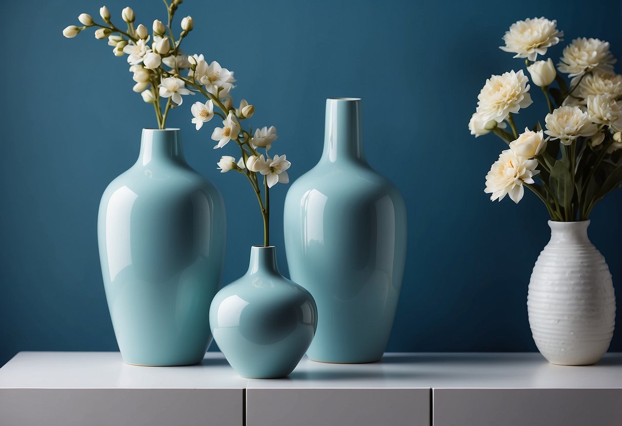 Three aqua ceramic vases sit on a white dresser against a backdrop of blue walls and matching decor