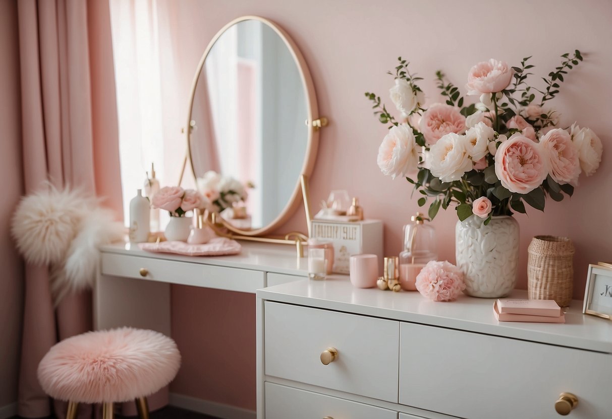 A cozy pink bedroom with floral wall decals, a fluffy white rug, and pastel pink bedding. A small vanity table with a mirror and a vase of fresh flowers completes the decor