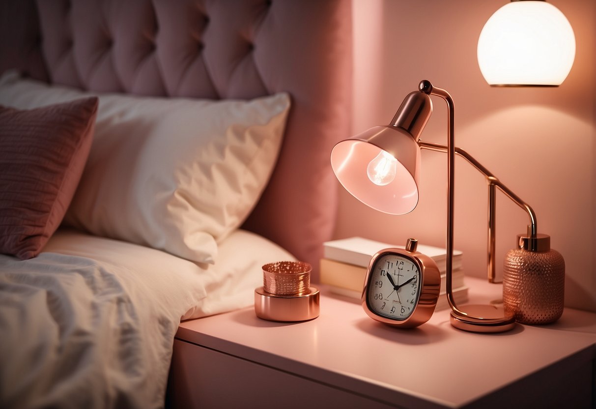 A rose gold bedside lamp illuminates a pink bedroom, casting a warm and cozy glow