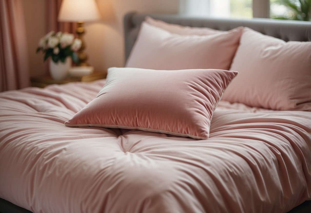 A blush pink velvet pillow sits on a bed with pink bedroom decor