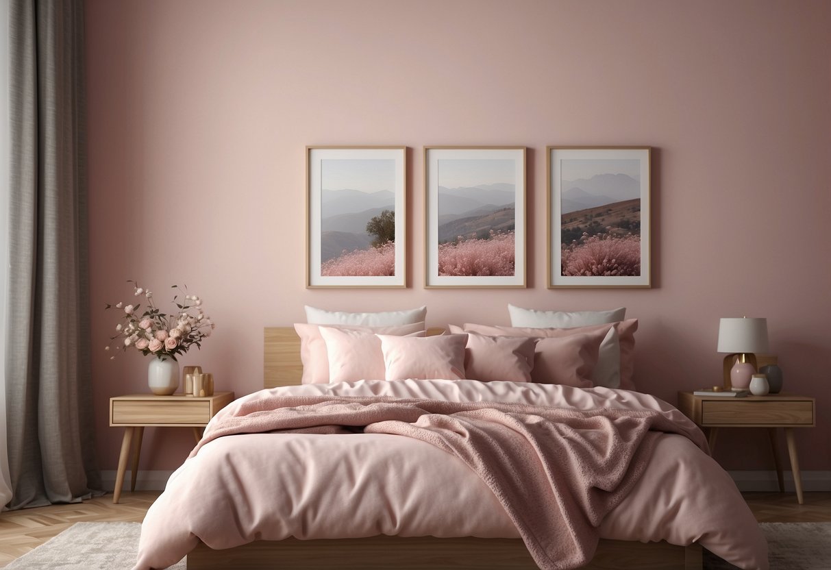 Pastel pink photo frames hang on a wall in a bedroom with matching pink decor