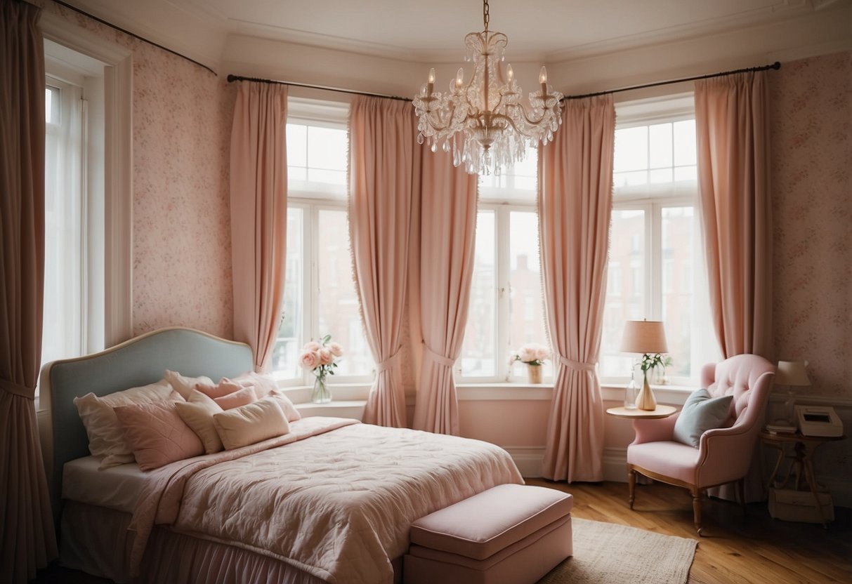 A bedroom with pastel floral wallpaper, soft pink curtains, and a cozy reading nook by the window. A vintage-inspired chandelier adds a touch of elegance to the room