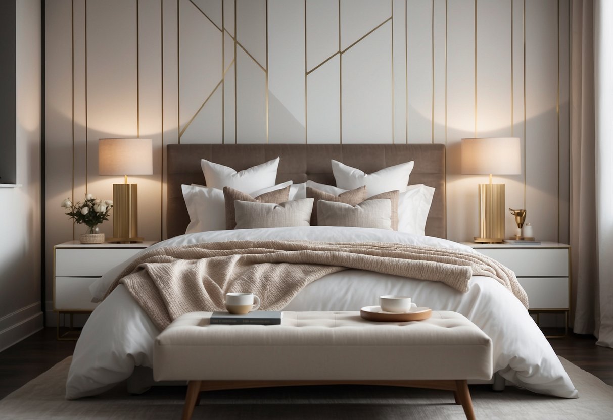 A serene bedroom with clean lines, neutral colors, and simple geometric patterns on the wallpaper. A cozy bed with crisp white linens and minimalistic decor accents