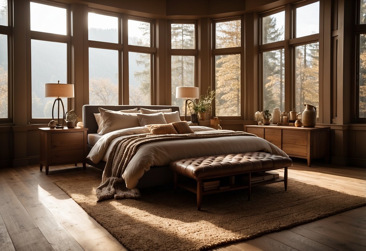 A cozy brown bedroom with a plush rug, wooden furniture, and warm-toned decor. A large window lets in natural light, creating a peaceful and inviting atmosphere