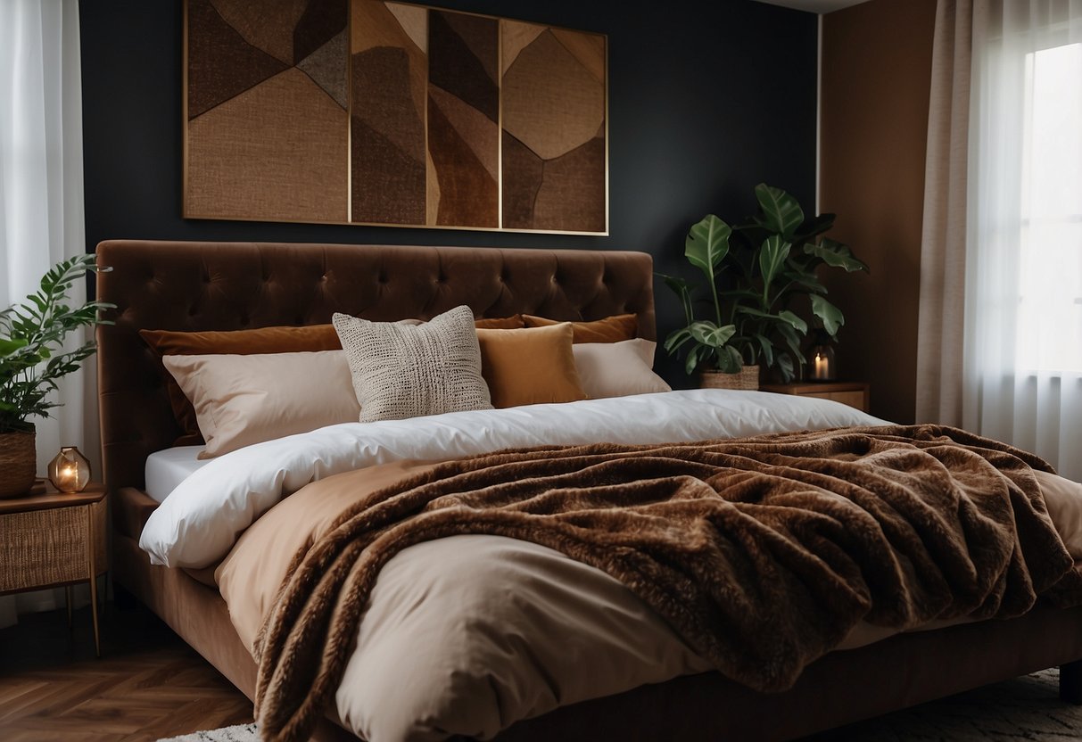 A cozy brown bedroom with velvet throw pillows on the bed, adding warmth and texture to the decor