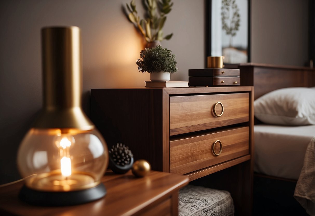 A wooden nightstand with brass handles sits in a cozy bedroom, adding warmth to the brown decor