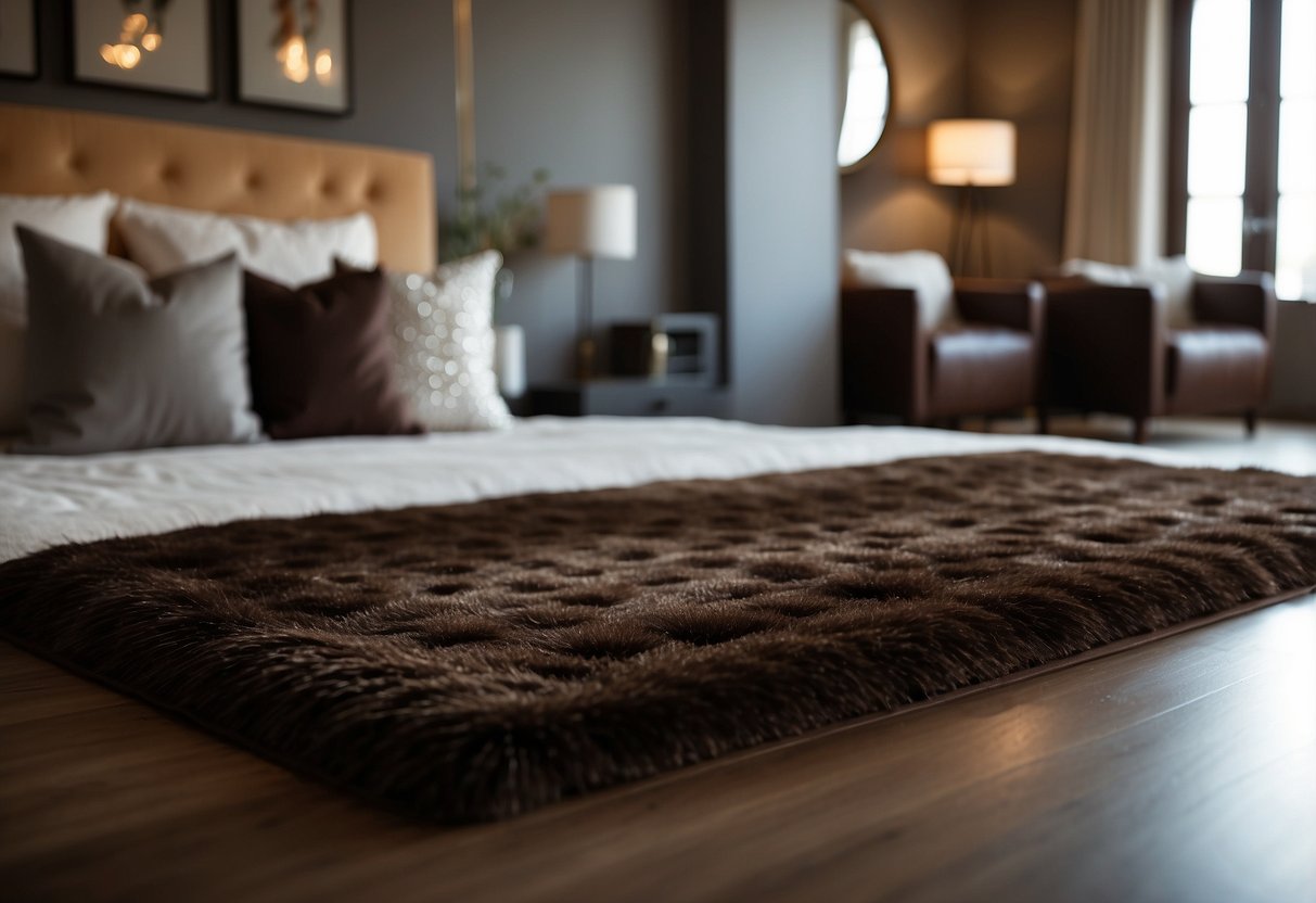 A chocolate brown area rug lies on the floor of a cozy bedroom, adding warmth and texture to the brown decor theme