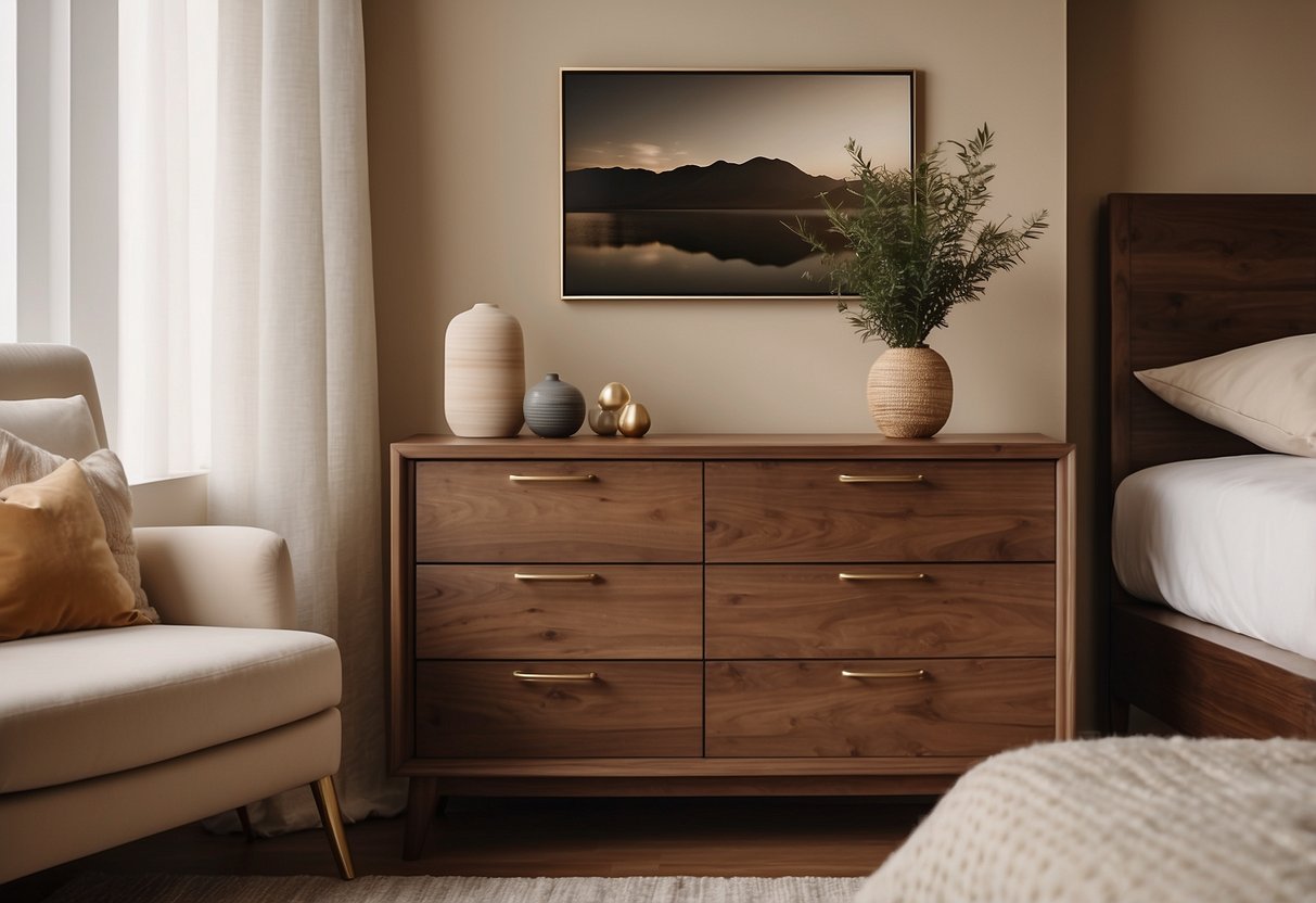 A walnut wood dresser sits against a beige wall in a cozy bedroom, adorned with brown decor accents and soft lighting