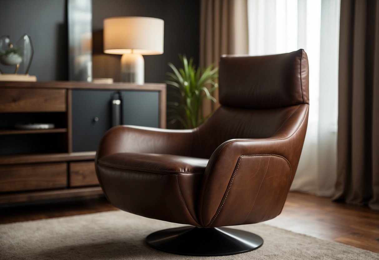 A dark brown leather accent chair sits in a cozy bedroom with brown decor