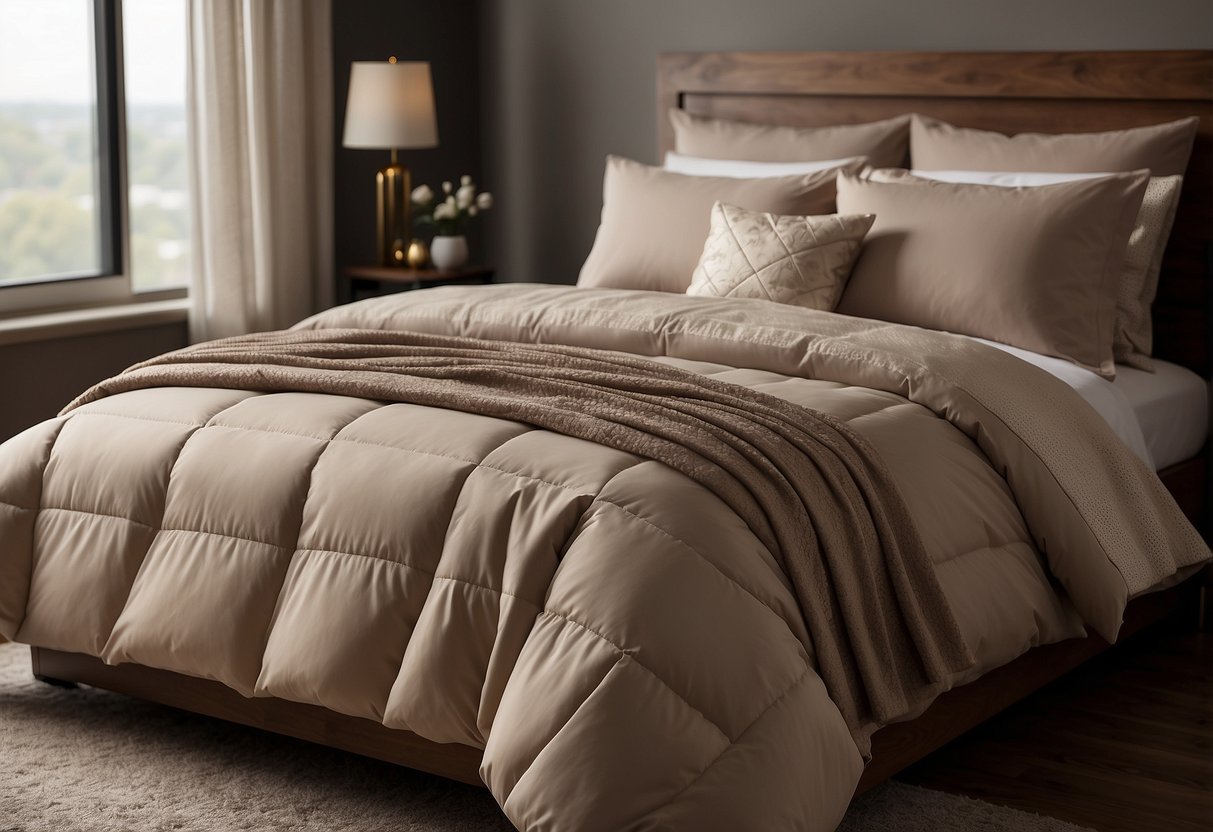 A taupe bedding set adorns a cozy brown bedroom, creating a warm and inviting atmosphere