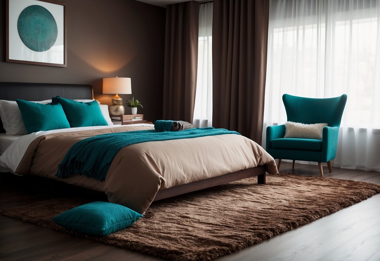 A cozy brown bedroom with a plush, textured rug, and a contrasting pop of teal in the form of throw pillows and curtains