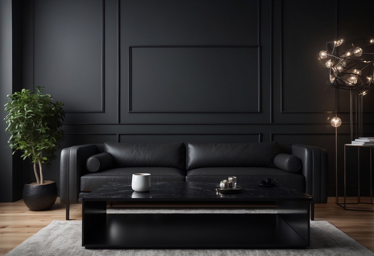 A sleek black sofa sits against a charcoal wall, adorned with minimalist black and silver decor. A glossy black coffee table reflects the ambient light, creating a modern and sophisticated atmosphere