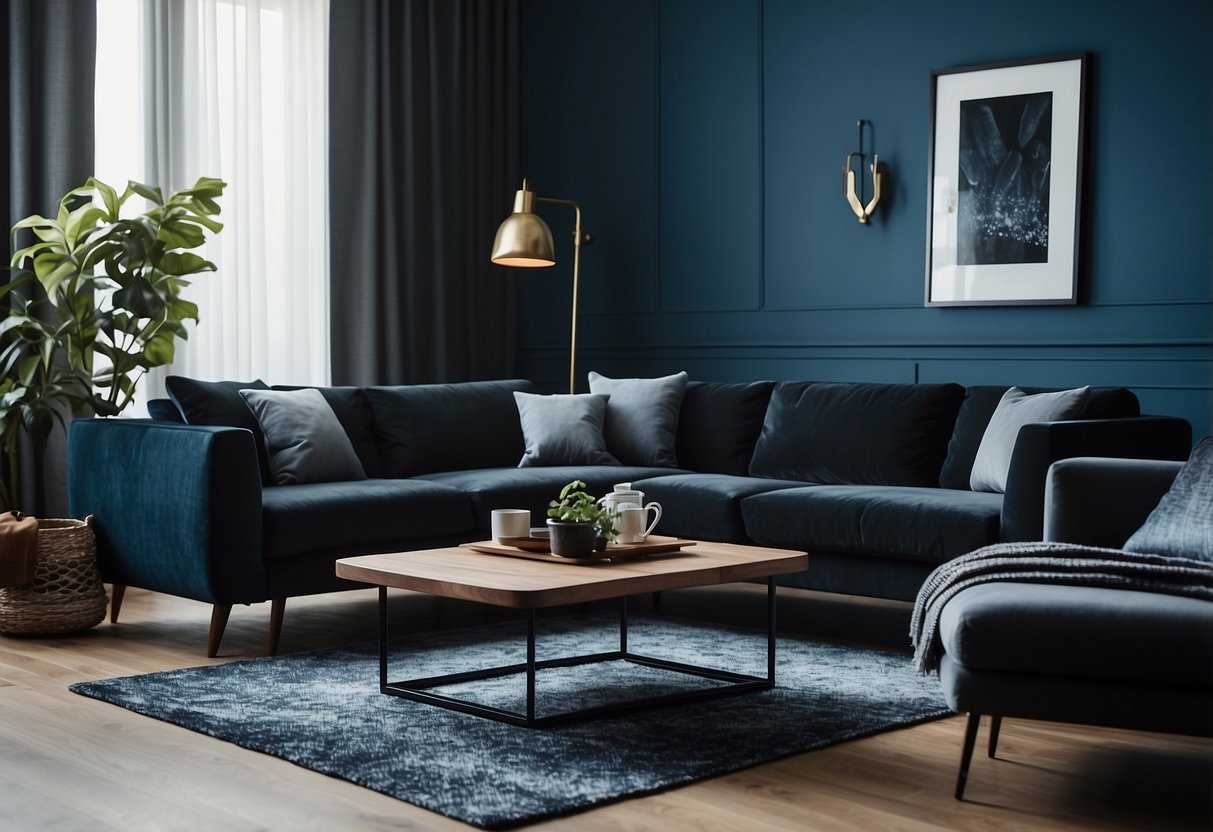 A cozy living room with deep blue walls, a plush grey sofa adorned with velvet black throw pillows, and sleek black home decor accents