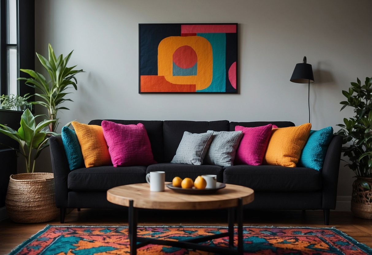 A black sofa sits in a room with colorful throw pillows, a vibrant rug, and bright artwork on the walls