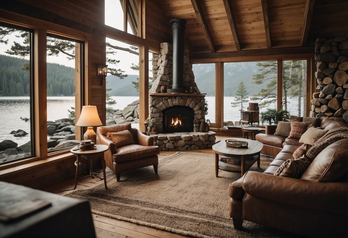 A cozy cabin by the lake, with rustic wooden furniture, soft throw blankets, and nautical accents. A stone fireplace and large windows offer a serene view of the water