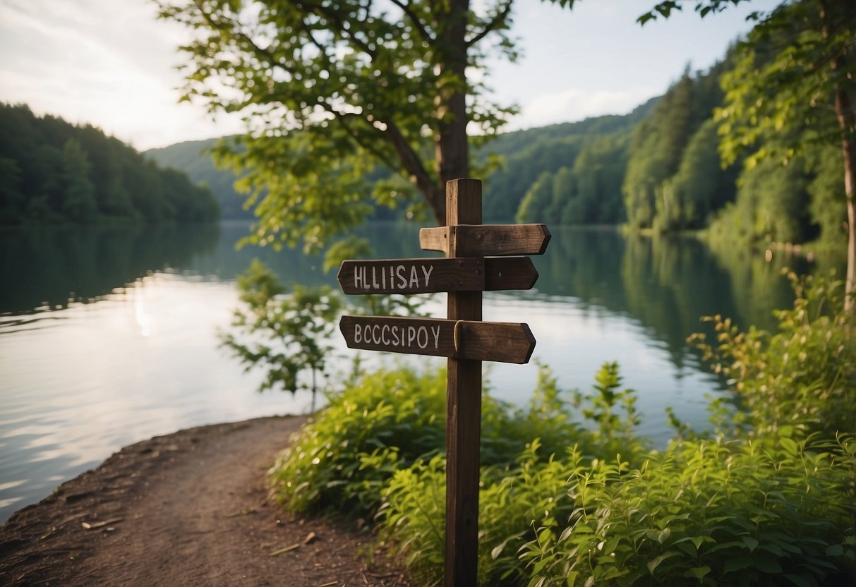 A wooden signpost stands by the tranquil lakeside, surrounded by lush greenery and a serene view of the water