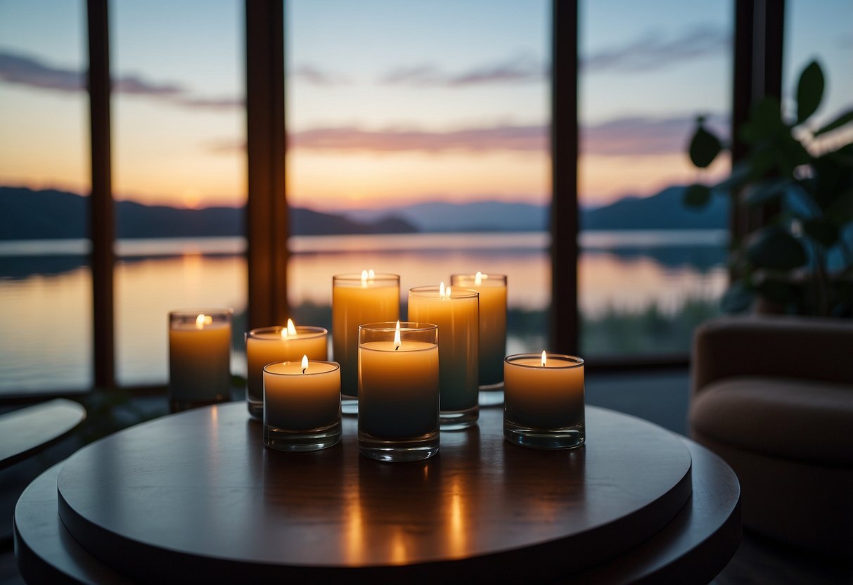 A cozy living room with a large window overlooking a serene lake, adorned with candles emitting a fresh, lake-inspired scent