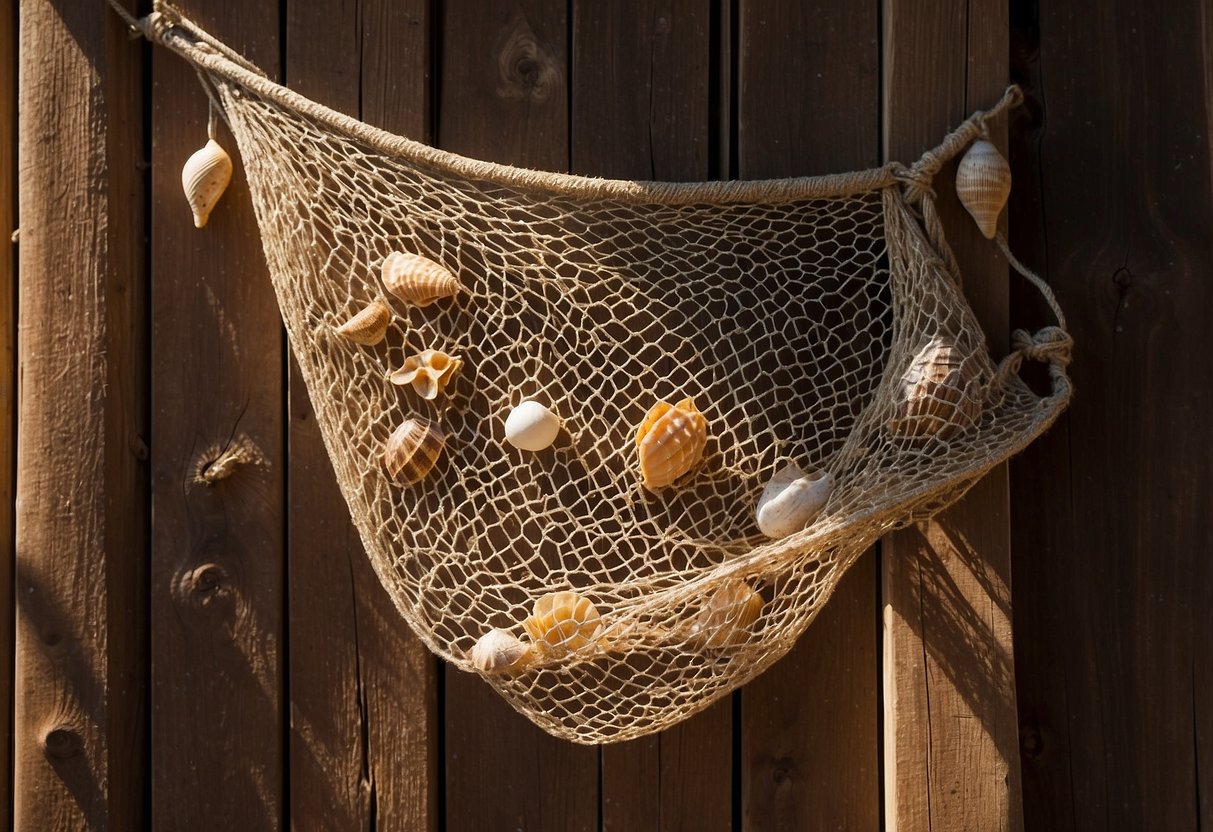 A fishing net hangs on a weathered wooden wall, adorned with seashells and driftwood. The sunlight filters through the net, casting intricate shadows on the textured surface