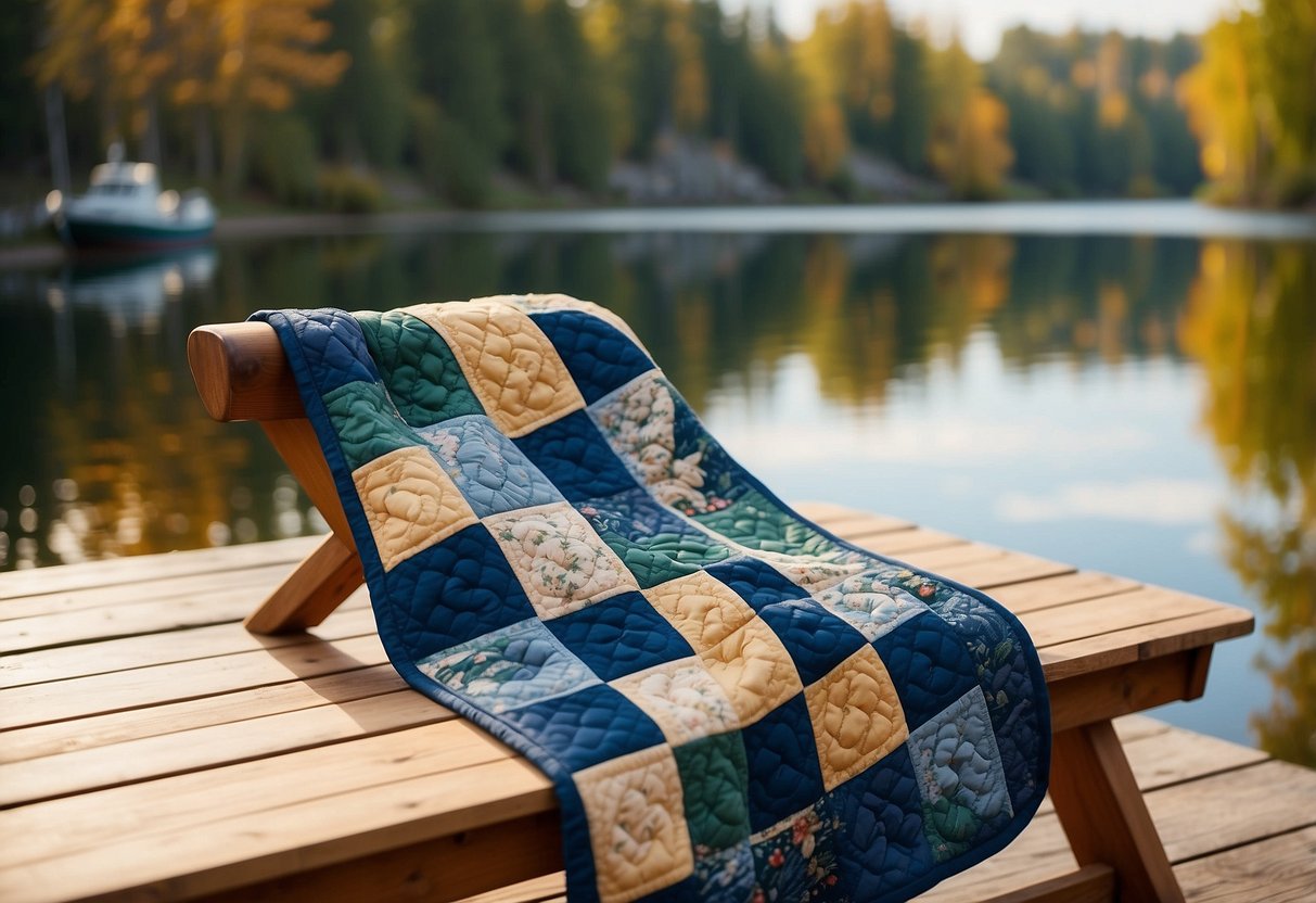 A cozy boat-themed quilted blanket drapes over a wooden chair by the lake, with nautical decor accents in the background