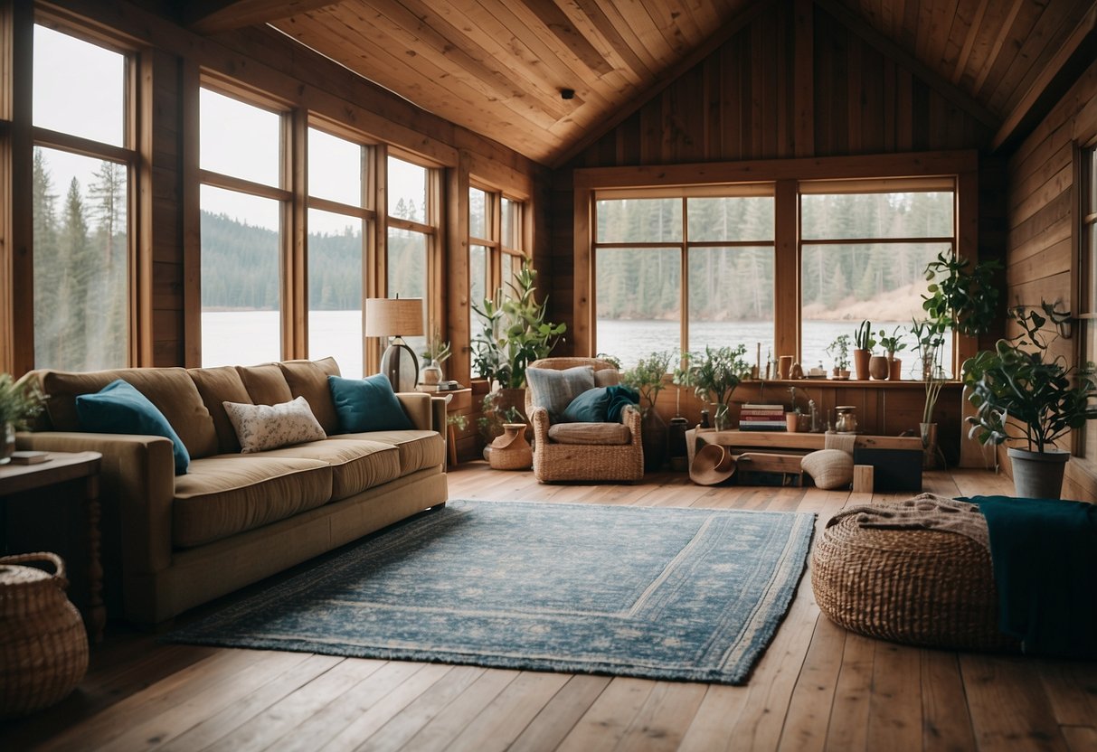 A cozy lake house with earthy tones, wooden textures, and pops of blue and green. Think rustic furniture, woven rugs, and natural accents