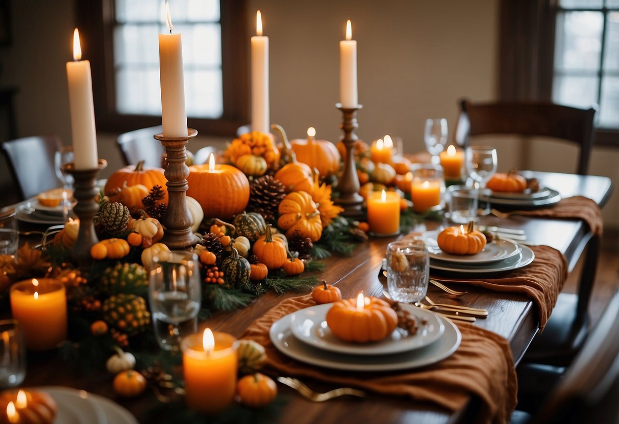 A dining table decorated with autumn-themed centerpieces, candles, and a festive table runner. A wreath and garland adorn the fireplace, while pumpkins and gourds are scattered around the room