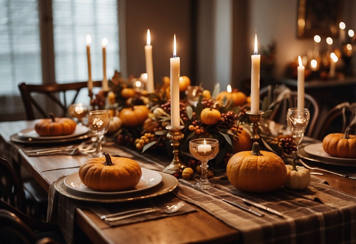 A festive Thanksgiving table adorned with plaid table runners, autumn leaves, and candles