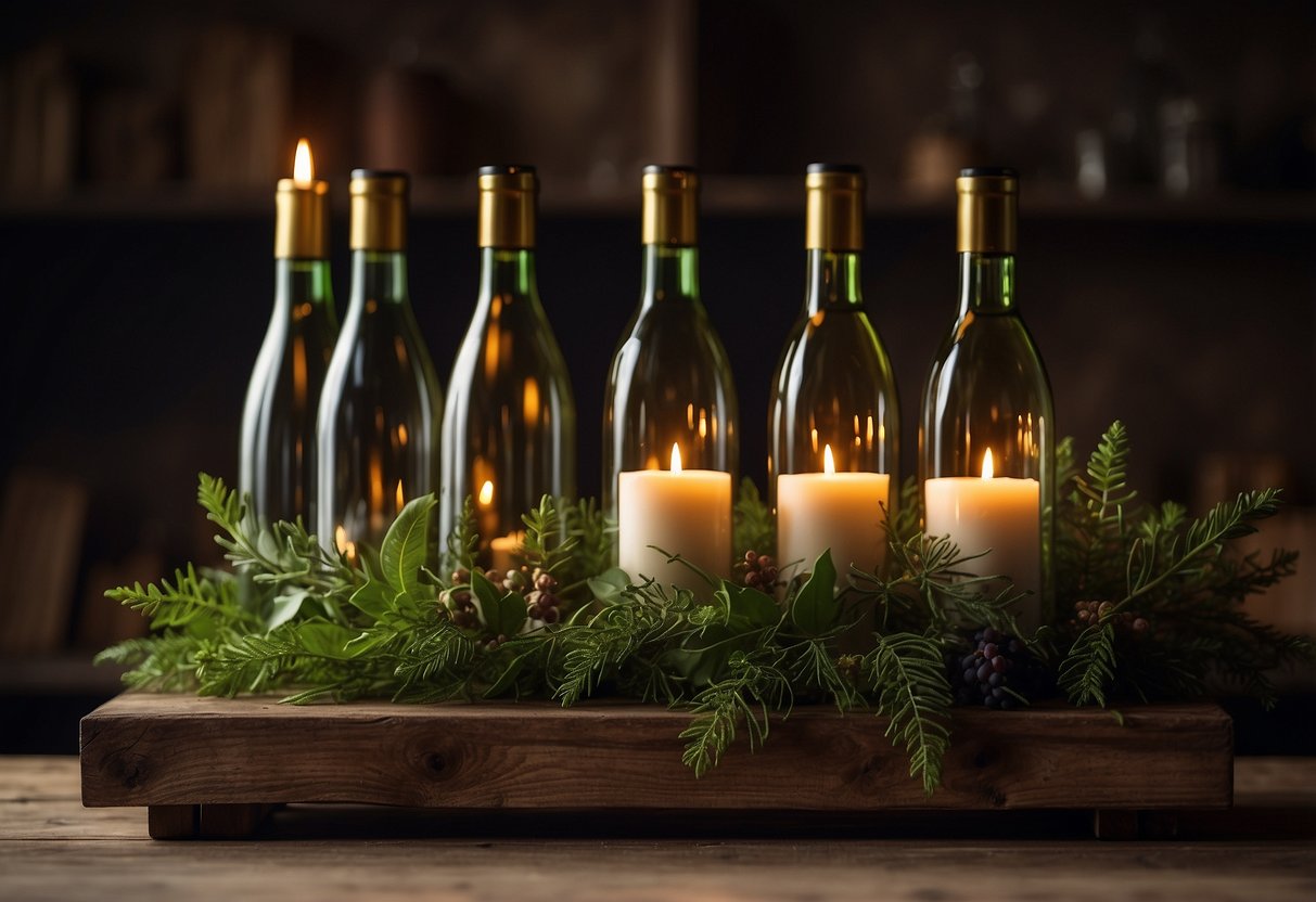 A wine bottle sits on a rustic wooden shelf, surrounded by flickering candles and greenery, creating a cozy and elegant home decor display