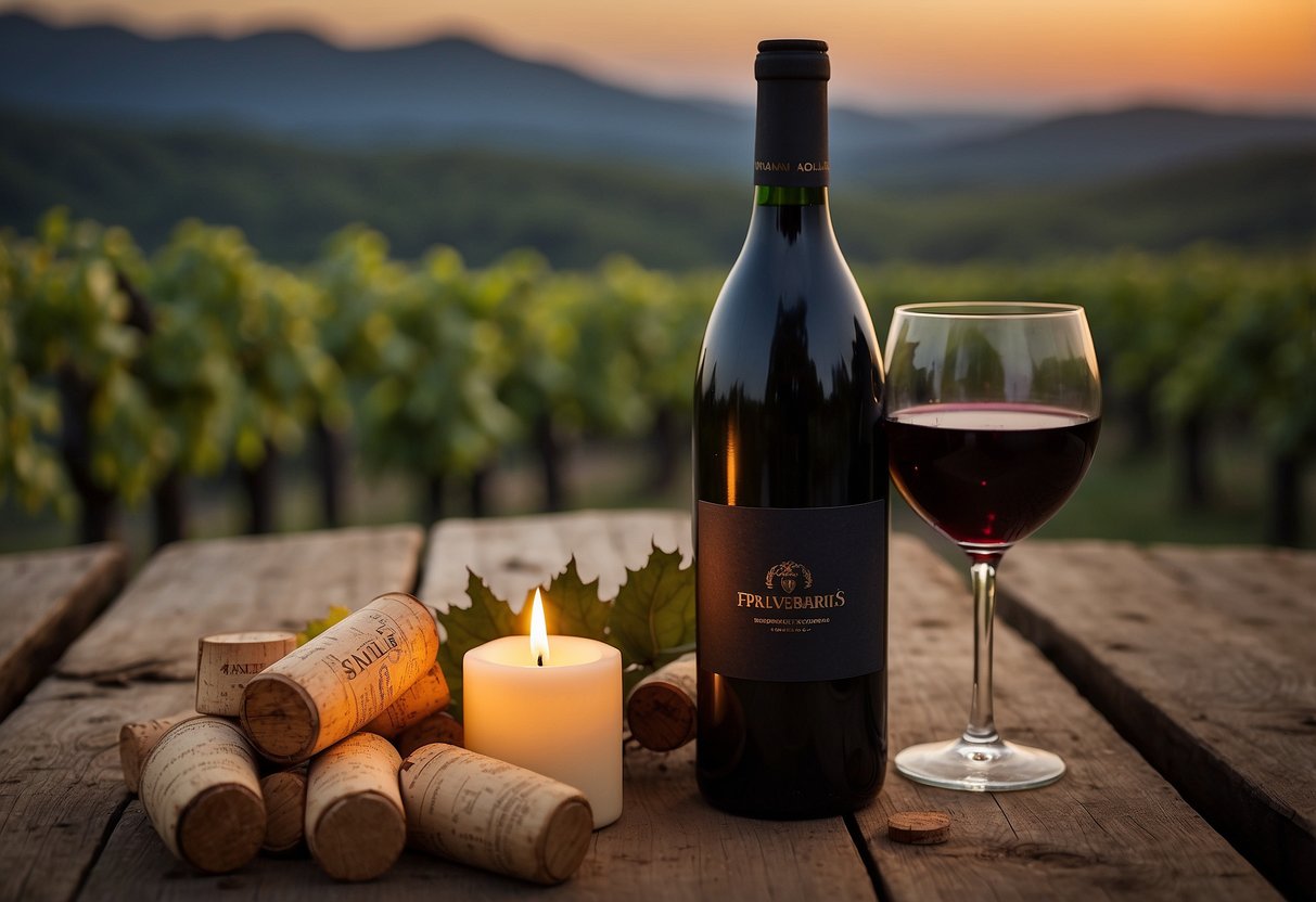 A wine bottle sits on a rustic table, surrounded by flickering candles and a scattering of wine corks. A picture frame is propped against the bottle, displaying a beautiful landscape