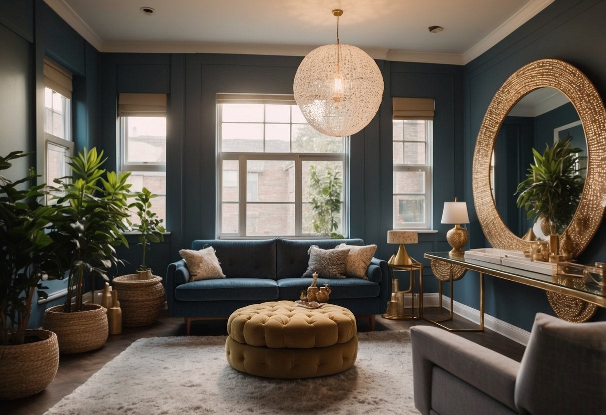 A living room with a large wall mirror reflecting the sunlight, surrounded by smaller decorative mirrors in various shapes and sizes