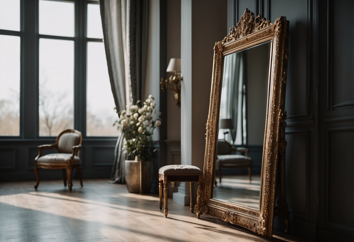 A cheval mirror stands tall, reflecting the room with its multiple mirrors, adding a touch of elegance to the home decor