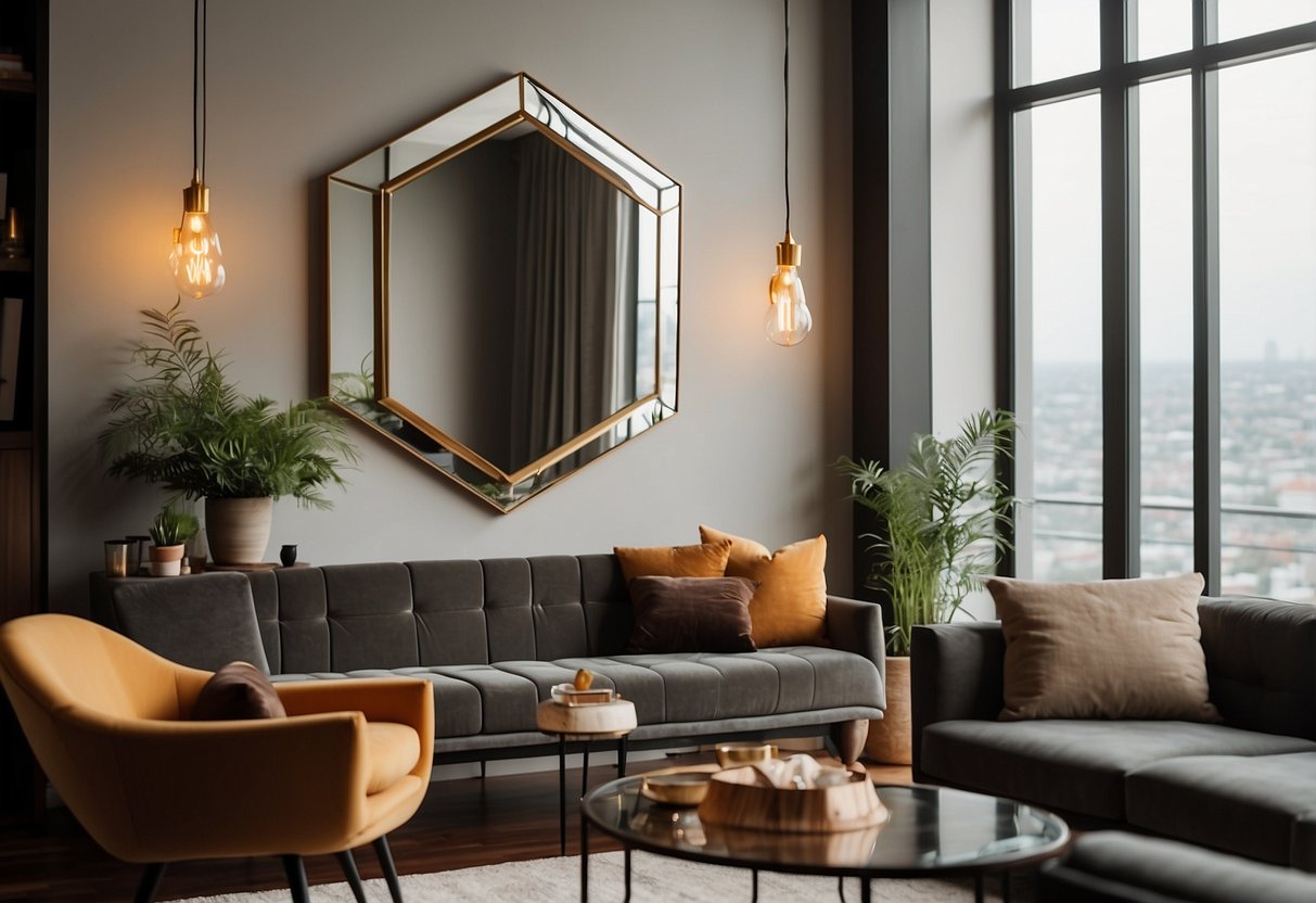 A hexagonal hanging mirror reflects a modern living room with sleek furniture and a warm color palette