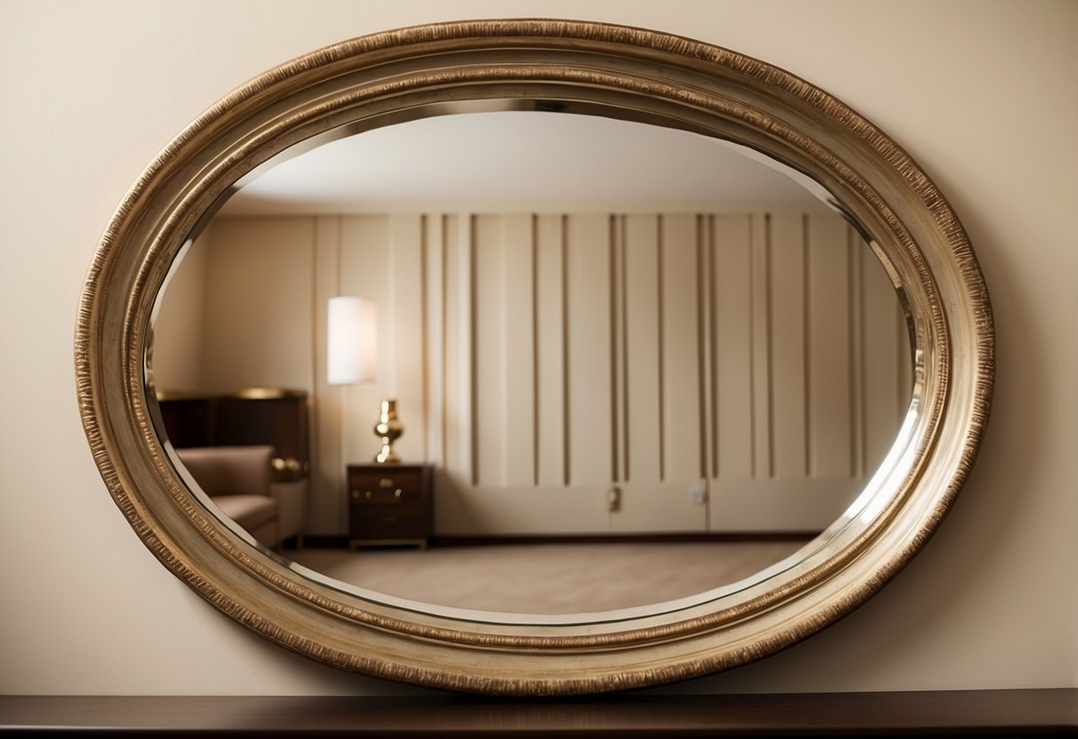 A wave-edge oval mirror hangs on a cream-colored wall, reflecting the room's decor and adding a touch of elegance to the space