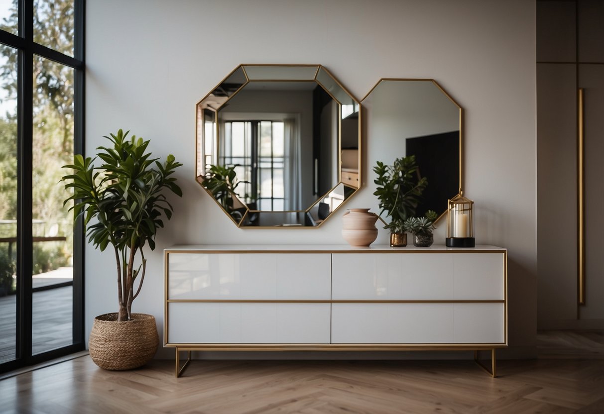 A modern living room with a geometric accent mirror hanging above a sleek console table adorned with various sized mirrors