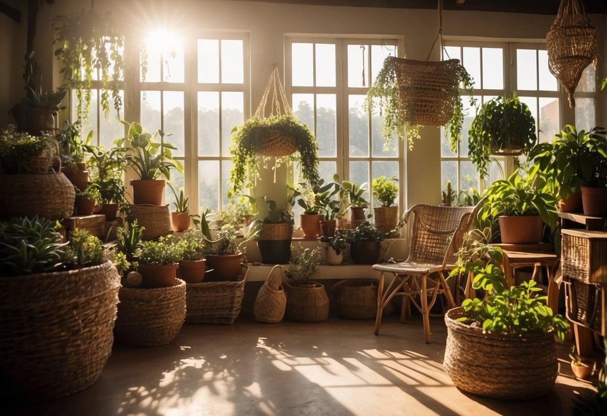 Sunlight filters through large windows, illuminating a room filled with potted plants, woven baskets, and wooden furniture. A macrame wall hanging and a collection of natural stones add to the earthy, organic feel