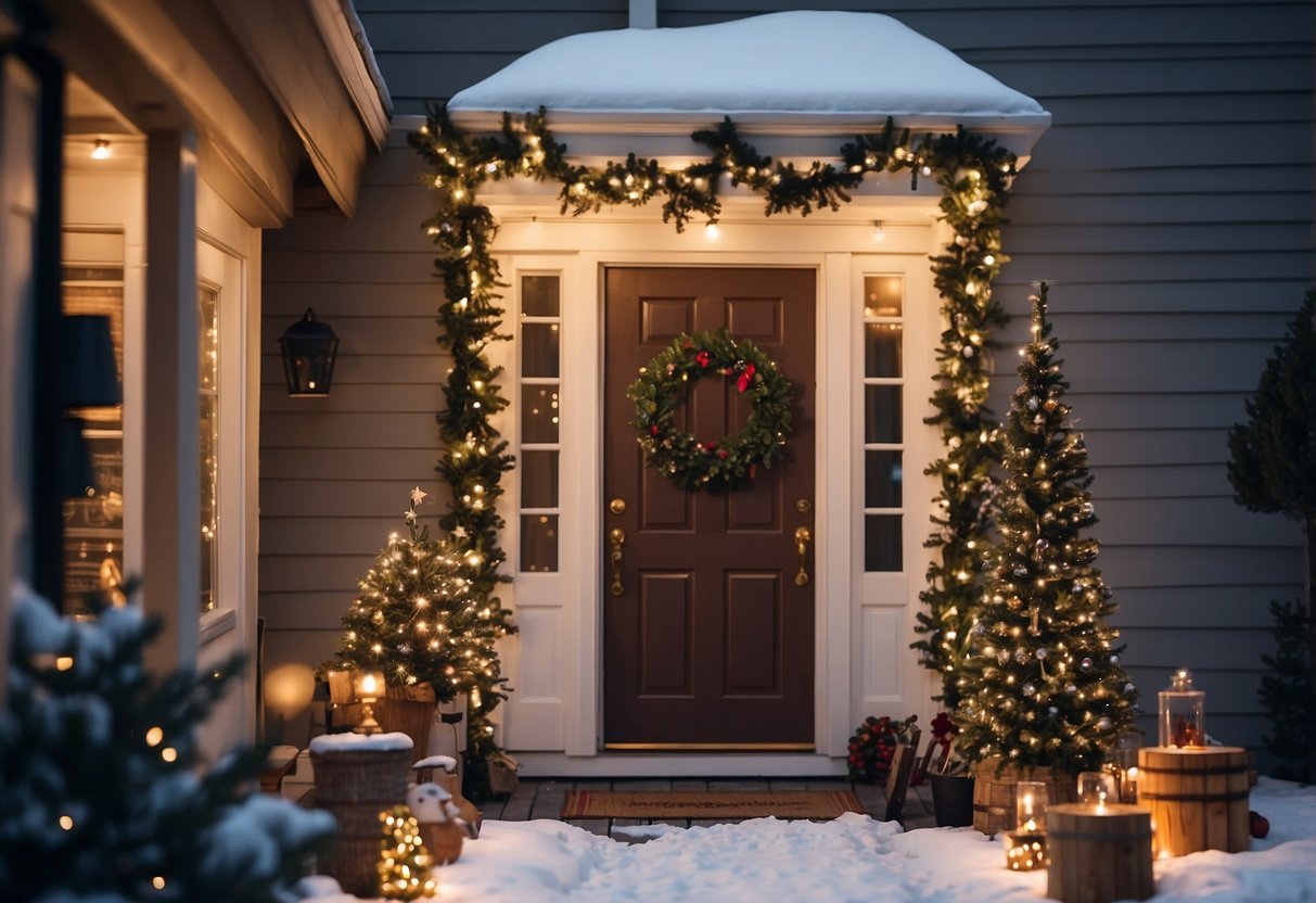 A cozy front yard adorned with homemade outdoor Xmas decorations, including a hand-painted wooden sign, twinkling lights, and a DIY wreath hanging on the door