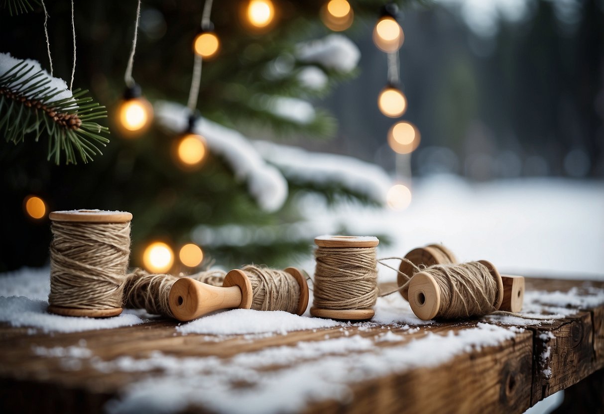 A rustic wooden table with spools of twine, scissors, and pine branches. Twine star ornaments hang from a nearby tree, surrounded by snow