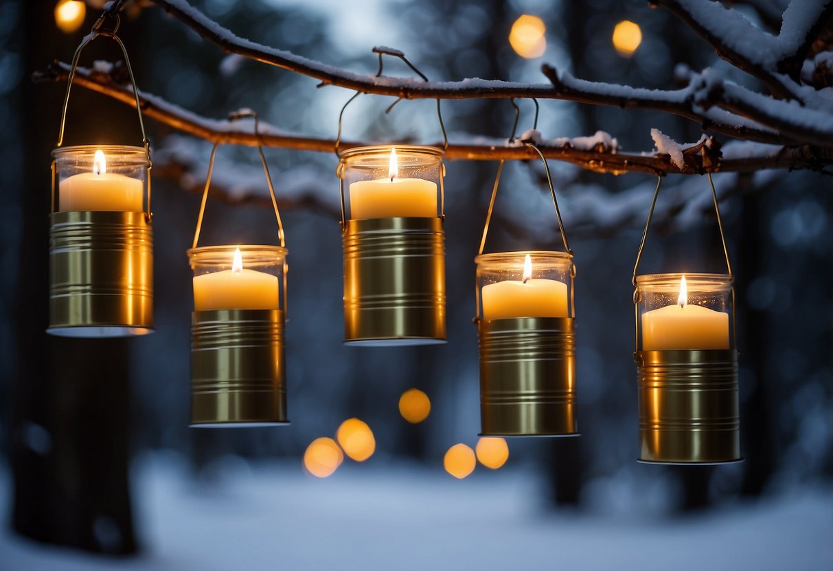 Coffee cans hung with candles, casting warm light on snowy outdoor Christmas scene