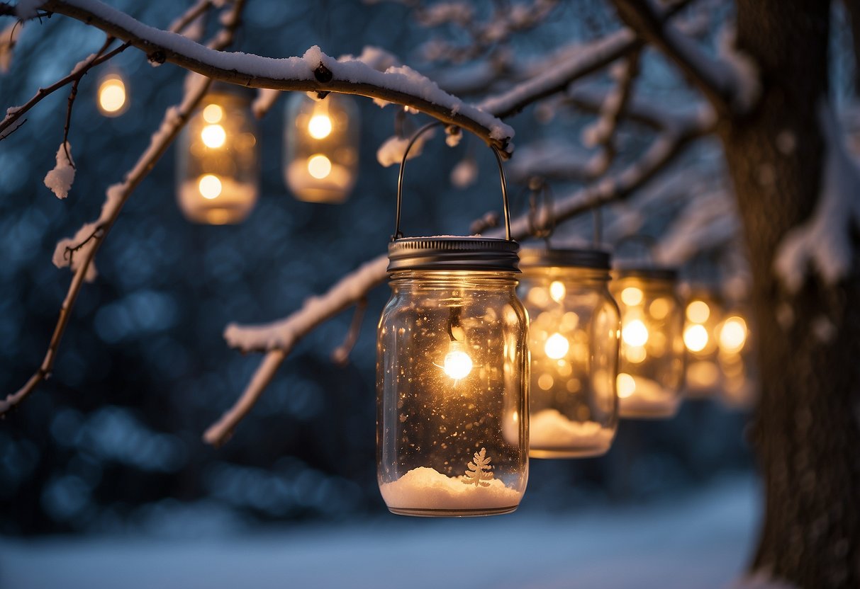 Mason jar lanterns hang from tree branches, emitting a warm glow amidst the snowy outdoor Xmas decorations