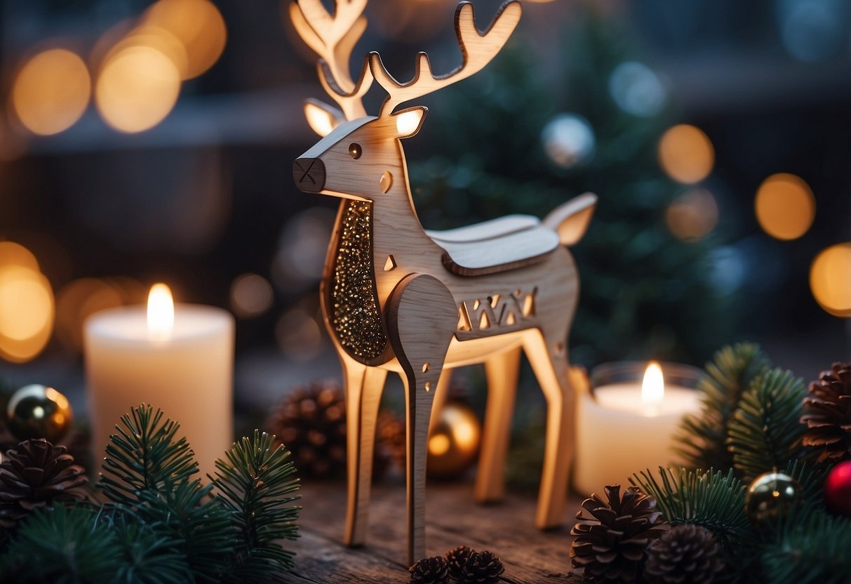 A simple wooden reindeer stands among homemade outdoor Xmas decorations