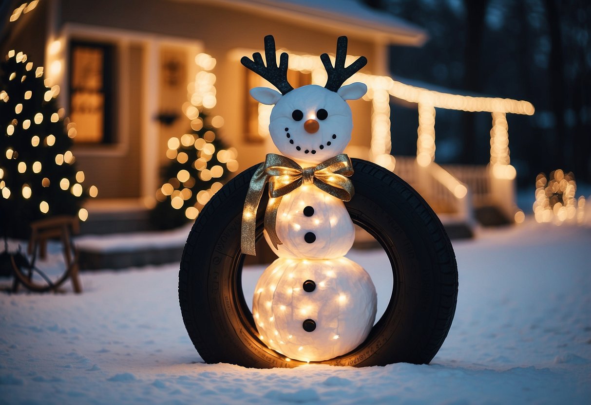 A cozy front yard adorned with twinkling lights, a homemade wooden reindeer, and a DIY snowman made from old tires and painted white