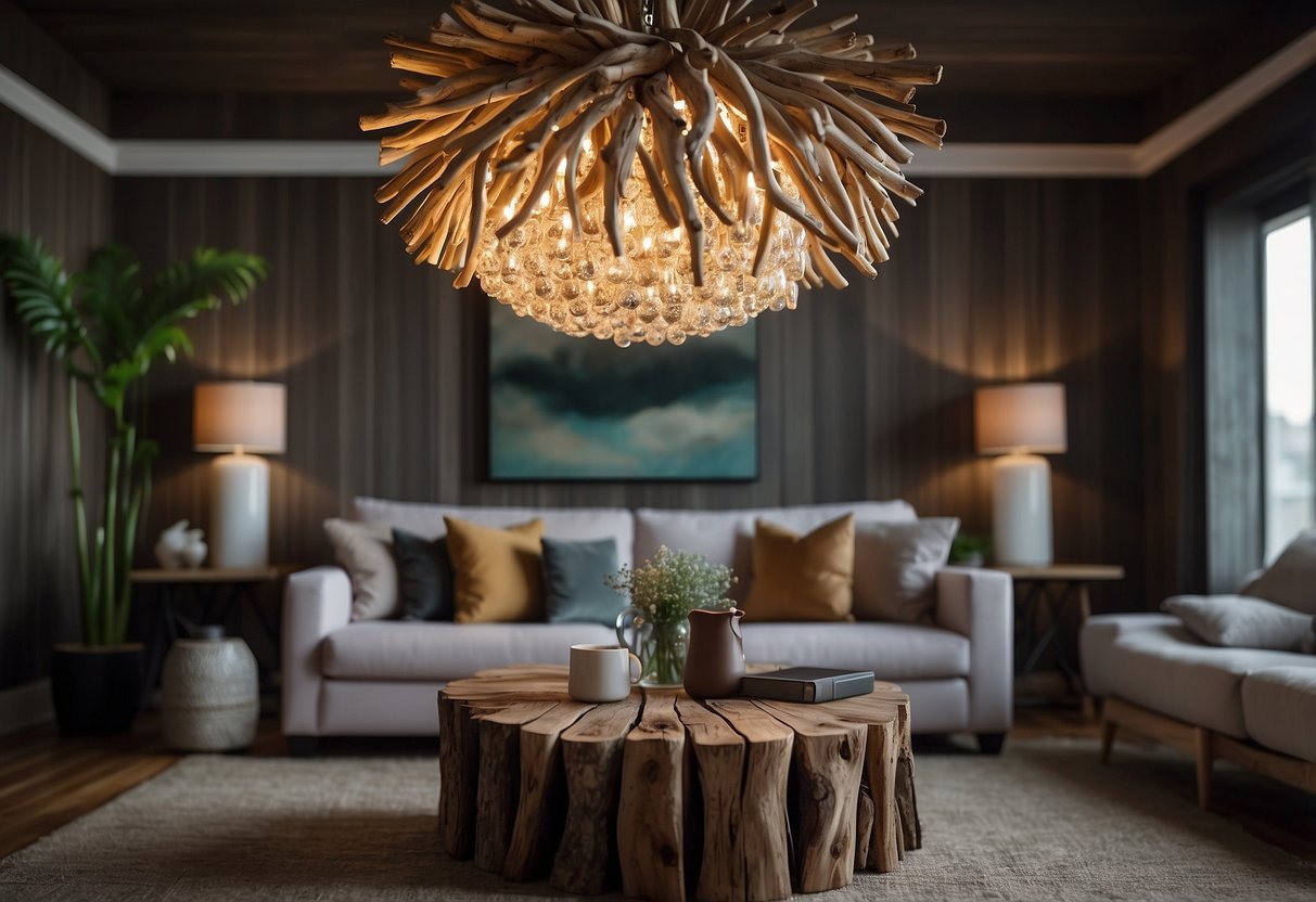 A cozy living room with driftwood wall art, a coffee table made of driftwood, and a driftwood chandelier hanging from the ceiling