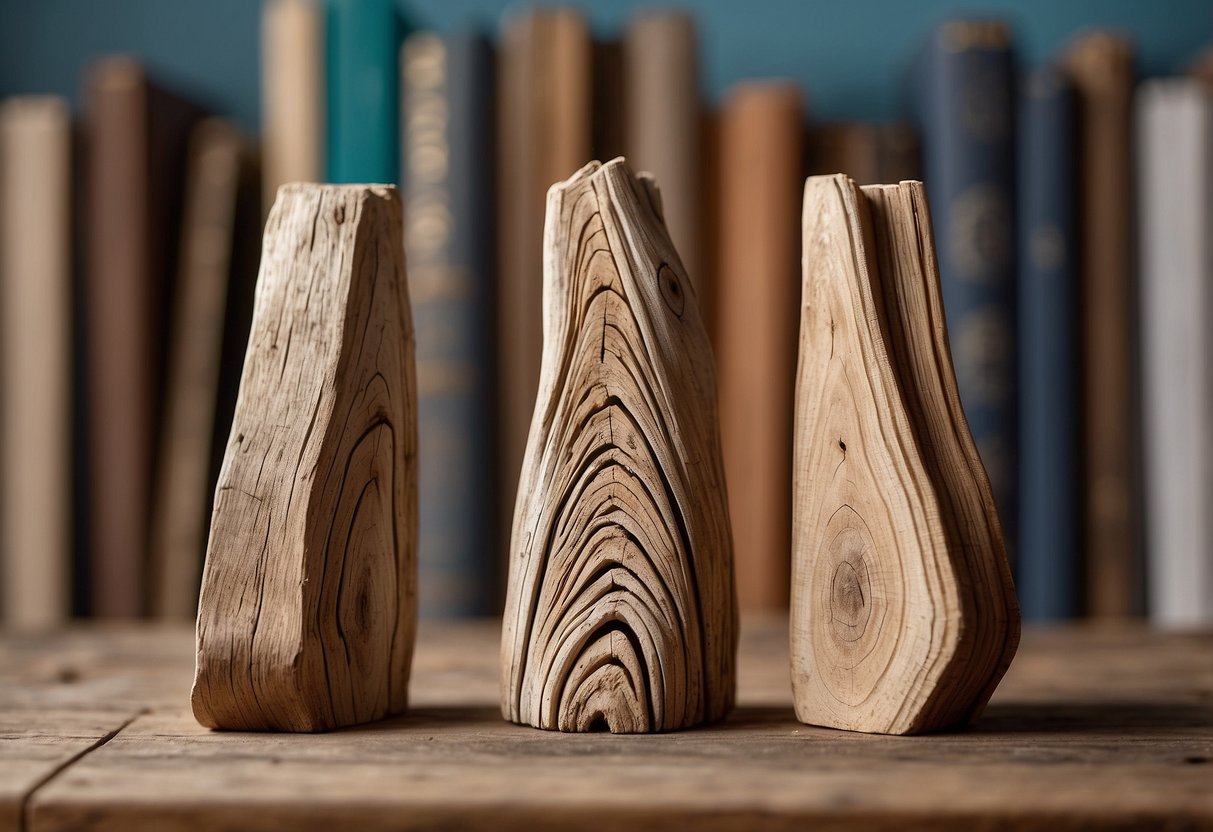 Two pieces of weathered driftwood stand upright, supporting a row of books. The wood is smooth and worn, with intricate patterns and knots